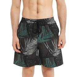 BALCONY & FALCON Herren Badehose mit Kordelzug Schnell trocknende Boardshorts zum Schwimmen, Surfen, Laufen, Fitnessstudio, Training, Spazierengehen Graues Blatt M von BALCONY & FALCON