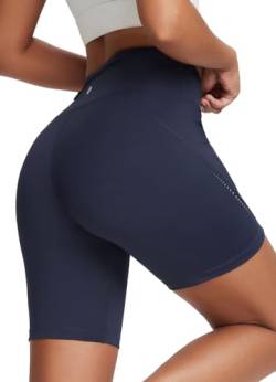 BALEAF Damen 7'' Sportshorts Schnell Trockenes Laufhose kurz High Waisted Blickdicht Radlerhose mit Taschen Kurze Leggings Kompression Blau L von BALEAF