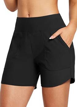 BALEAF Damen Badeshorts Bauchkontrolle UPF50+ Badehose Schnell Trocknend Schwimmhose Hohe Taille Boardshorts Schwimmunterteil mit Taschen Schwarz XL von BALEAF