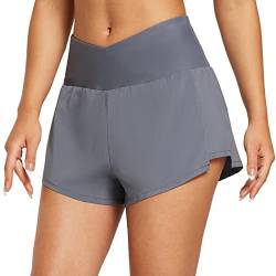 BALEAF Damen Badeshorts Bauchkontrolle UPF50+ Boardshorts Schwimmunterteil mit Taschen Badehose Schnell Trocknend Schwimmhose Hohe Taille Bikinihose StrandshortsGrau L von BALEAF