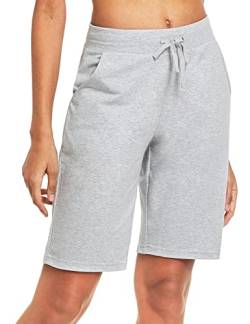 BALEAF Damen Bermuda Shorts Baumwolle Sweatbermudas Sweathose Knielang Hose Sommerhose kurz Activewear Shorts Schlafshorts mit Taschen Kordelzug für Yoga, Sport, Freizeit Hell Grau L von BALEAF