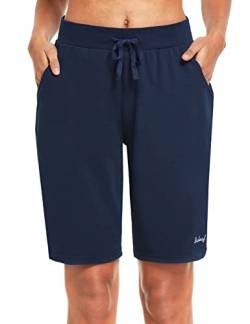 BALEAF Damen Bermuda Shorts Baumwolle Sweatbermudas Sweathose Knielang Hose Sommerhose kurz Activewear Shorts Schlafshorts mit Taschen Kordelzug für Yoga, Sport, Freizeit Navy S von BALEAF