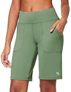 BALEAF Damen Bermuda Shorts Baumwolle Yogashorts Hohe Taile Sweathose Sommerhose kurz Runningshorts mit Taschen für Yoga, Sport, Freizeit Oliver Grün XL von BALEAF