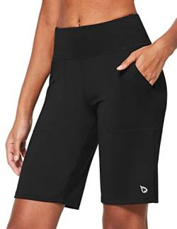 BALEAF Damen Bermuda Shorts Baumwolle Yogashorts Hohe Taile Sweathose Sommerhose kurz Runningshorts mit Taschen für Yoga, Sport, Freizeit Schwarz 3XL von BALEAF