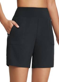 BALEAF Damen Bermudashorts Sportshorts mit Taschen Laufshorts Schnelltrocknend Bermuda Shorts Knielange Trainingsshorts lang Schwarz L von BALEAF