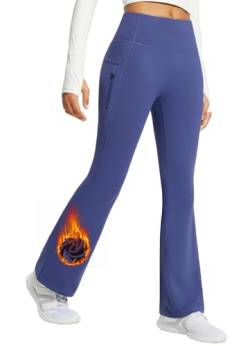 BALEAF Damen Fleece Lined Thermo Yogahose Bootcut Flare Hose High Waist Outdoorhose Wasserdicht Warm mit Taschen Blau M von BALEAF