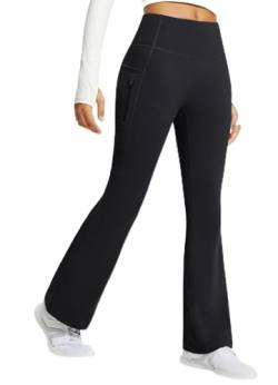 BALEAF Damen Fleece Lined Thermo Yogahose Bootcut Flare Hose High Waist Outdoorhose Wasserdicht Warm mit Taschen Schwarz XL von BALEAF