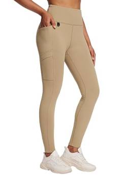 BALEAF Damen Fleece gefütterte Leggings Hoch taillierte Wanderleggings wasserdichte Thermo-Laufhose mit Reißverschlusstaschen Braun M von BALEAF