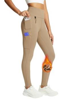 BALEAF Damen Fleece gefütterte Leggings Hoch taillierte Wanderleggings wasserdichte Thermo-Laufhose mit Reißverschlusstaschen Braun XS von BALEAF