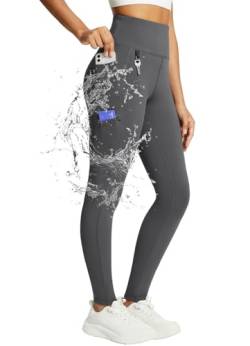 BALEAF Damen Fleece gefütterte Leggings Hoch taillierte Wanderleggings wasserdichte Thermo-Laufhose mit Reißverschlusstaschen Grau L von BALEAF