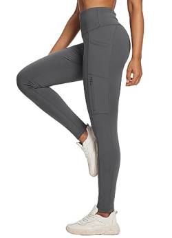 BALEAF Damen Fleece gefütterte Leggings Hoch taillierte Wanderleggings wasserdichte Thermo-Laufhose mit Reißverschlusstaschen Grau S von BALEAF