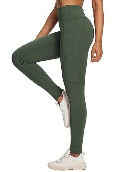 BALEAF Damen Fleece gefütterte Leggings Hoch taillierte Wanderleggings wasserdichte Thermo-Laufhose mit Reißverschlusstaschen Grün L von BALEAF