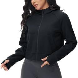 BALEAF Damen Hoodies Sweatshirts Zip Up Fleece Pullover Stehkragen Langarm Crop Tops mit Daumenloch Schwarz XL von BALEAF