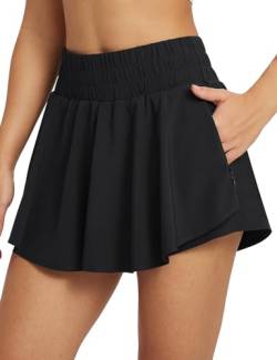 BALEAF Damen Hosenrock High Waist Tennisrock mit Hose Laufshorts mit Taschen Kurzer Sportrock & Shorts Schwarz L von BALEAF