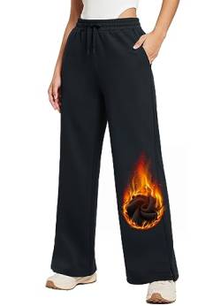 BALEAF Damen Jogginghose weites Bein Fleece Lined gefüttert Thermo Yogahose Baumwolle Freizeithose Straighthose lang mit Taschen Schwarz S von BALEAF