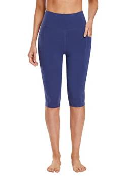 BALEAF Damen Knielang Baumwolle Capri Leggings mit Taschen, High Waisted Sommer Yogahose Workout Dunkelblau M von BALEAF