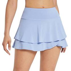 BALEAF Damen Plissee Tennisröcke Layered Rüsche Mini Röcke mit Shorts für Laufen Workout Blau XL von BALEAF