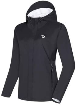 BALEAF Damen Regenjacke Outdoorjacke wasserdicht 10000mmH2O winddicht atmungsaktiv leicht Übergangsjacke mit Kapuze Windbreaker für Wandern Outdoor Reisen Radfahren Schwarz L von BALEAF