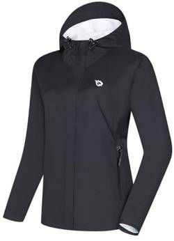 BALEAF Damen Regenjacke Outdoorjacke wasserdicht 10000mmH2O winddicht atmungsaktiv leicht Übergangsjacke mit Kapuze Windbreaker für Wandern Outdoor Reisen Radfahren Schwarz XS von BALEAF