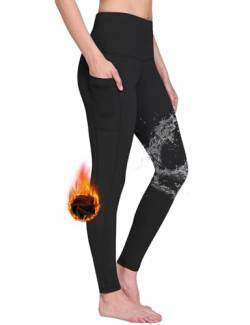 BALEAF Damen Sport Leggings Winter Thermo Leggings wasserdichte Hohe Taille Fleece Gefütter Yogahose Blickdicht Slim Fit Wandern Laufhose mit Taschen Schwarz XL von BALEAF