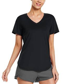 BALEAF Damen Sport T-Shirt V Ausschnitt Shirt Kurzarm Top Laufshirt Schnelltrockend Fitness Oberteile Yoga Gym Schwarz M von BALEAF