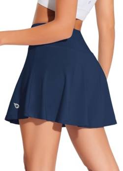 BALEAF Damen Tennisrock mit Hose Sportrock High Waist Plissiert Minirock Golfrock Hosenrock Sommerrock Skirt mit Taschen Blau XL von BALEAF