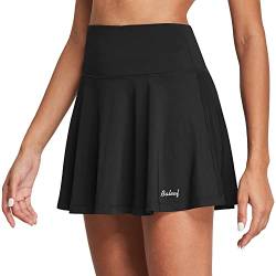 BALEAF Damen Tennisrock mit Hose Sportrock High Waist Plissiert Minirock Golfrock Hosenrock Sommerrock Skirt mit Taschen Schwarz XL von BALEAF