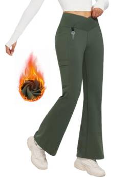 BALEAF Damen Thermo Hose Yogahose Bootcut Leggings Wasserabweisend Crossover Flare Leggings Warm High Waist Tanzhosen mit Taschen Grün 2XL von BALEAF