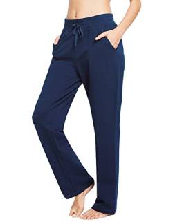 BALEAF Damen Thermo Jogginghose Baumwolle Yogahose mit Taschen Geradem Bein Hose Sweathose Freizeithose Lang Weites Bein Straighthose Dunkle Blau XXL von BALEAF