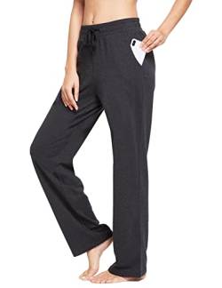 BALEAF Damen Thermo Jogginghose Baumwolle Yogahose mit Taschen Geradem Bein Hose Sweathose Freizeithose Lang Weites Bein Straighthose Holzkohle Grau M von BALEAF