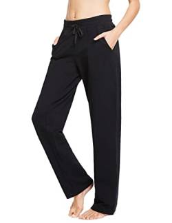 BALEAF Damen Thermo Jogginghose Baumwolle Yogahose mit Taschen Geradem Bein Hose Sweathose Freizeithose Lang Weites Bein Straighthose Schwarz S von BALEAF