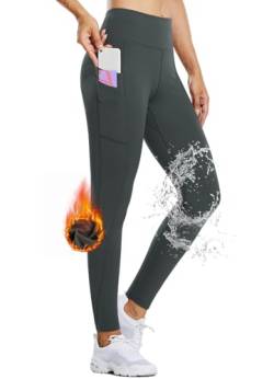 BALEAF Damen Thermo Leggings Wasserabweisend Hose Winter Laufhose Sporthose Wanderhose Fleece gefüttert mit Seitentaschen Grau L von BALEAF