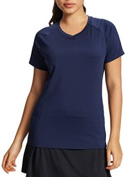 BALEAF Damen V-Ausschnitt Kurzarm Lauf T-Shirt Loose Sport Kurzarm Blau L von BALEAF