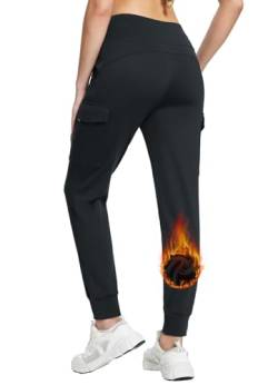 BALEAF Damen Winter Cargo Hose Outdoorhose Multi Taschen Jogginghose Fleeced Flare Leggings Wanderhose Schwarz XL von BALEAF