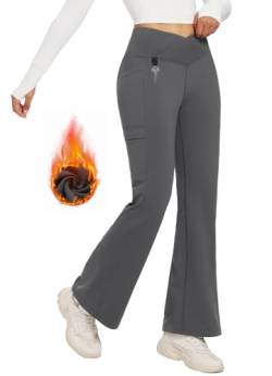 BALEAF Damen Yogahose Lang Jazzpants Tanzhose Crossover Flare Leggings Warm Bootcut Leggings Yogahose High Waist mit Taschen Dunkelgrau S von BALEAF