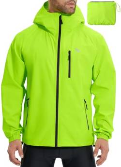 BALEAF Herren Fahrradjacke Regenjacke Wasserdicht Windbreaker mit Kapuze 10000mm H2O Wasserdicht Laufjacke Atmungsaktiv Wanderjacke Reflektierend Grün M von BALEAF