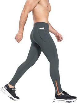 BALEAF Herren Winter Kompressionshose Lang Wasserabweisend Thermo Laufhose Lauftights Sporthose mit Reißverschlusstasche Grau 3XL von BALEAF