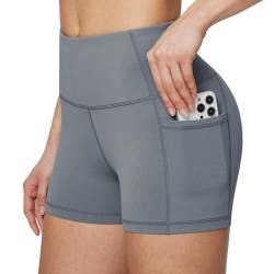 BALEAF Radlerhose Damen kurz Shorts Sommer Sport Shorts eng kurz Yogahose kurz Laufshorts mit Handytasche Sportleggings high Waist Grau L von BALEAF