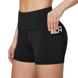 BALEAF Radlerhose Damen kurz Shorts Sommer Sport Shorts eng kurz Yogahose kurz Laufshorts mit Handytasche Sportleggings high Waist Schwarz L von BALEAF