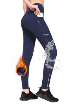 BALEAF Winter Fahrradhose Damen Lang mit Reißverschluss am Knöchel Warm Thermoleggins Winter Gefüttert Jogginghose Thermo Laufhose Wasserdicht Outdoor Hosen Winterhose Blau XL von BALEAF