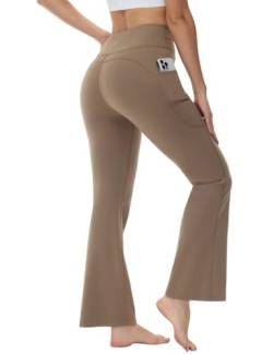 BALEAF Yogahose Damen High Waist Schlaghose Jazzpants Weiche Blickdicht Elastische Sporthose Bootcut Flare Hose mit Taschen Braun S von BALEAF