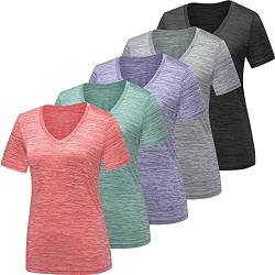 BALENNZ Workout-Shirts für Frauen, feuchtigkeitsableitend, schnell trocknend, aktiv, athletisch, für Fitnessstudio, Performance, 5er-Pack Dunkelgrau, Hellgrau, Wassermelonenrot, Kieferngrün, Mittel von BALENNZ