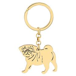 BAMAY Edelstahl Hund Rassen Schlüsselanhänger Mops Chihuahua Labrador Yorkshire Corgi Welpe Schlüsselring Charms Hund Geschenke für Frauen Mädchen (Pug Vergoldet) von BAMAY