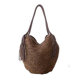 Strohtasche,Strohtasche Damen Big Stroh Strandtaschen Frauen Handtaschen Sommer Mode Weibliche Lässige Frauen Taschen Umhängetasche Quaste Reißverschluss (Color : Brown, Size : Natural) von BANGHA