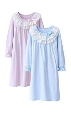 BANGSAUR Mädchen Prinzessin Nachthemd, Weihnachten Baumwolle Spitze Nachtwäsche Nachthemd 2er Pack Pyjamas Sleeper Gown 3–15 Jahre (Pinke Frau+Azurblau,Lange Ärmel,3-4 Jahre) von BANGSAUR
