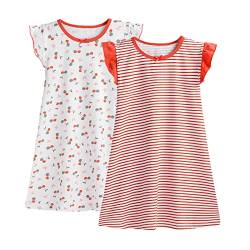BANGSAUR Nachthemden Mädche, Schlafhemden aus Baumwolle, für Mädchen von 3–10 Jahren (Rote Streifen+Kirsche,3-4 Jahre) von BANGSAUR