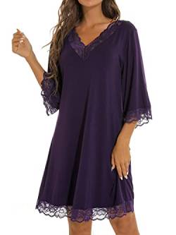 BANLUX Damen Nachthemd - Solide V-Ausschnitt Halbarm Nachthemd Damen Nachthemden Sexy Spitze Patchwork Baumwolle Nachtwäsche Damen Nachtwäsche Lässig Schlafkleid,Stil B,M von BANLUX