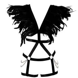 BANSSGOTH Body Harness BH Feder Epaulets Damen Dessous Käfig Set Punk Exotic Gothic Strumpfband Gürtel Burning Man Festival Rave (Schwarz) von BANSSGOTH