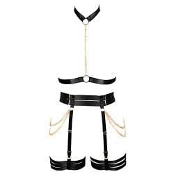BANSSGOTH Damen Body Chain Full Cage Harness Dessous Metallkette Strumpfband Gürtel Set Einstellbares Halloween Kostüm (Schwarz Gold) von BANSSGOTH