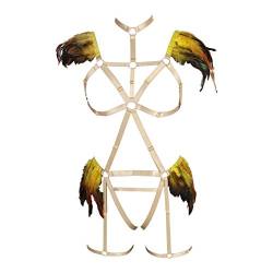 BANSSGOTH Damen Body Harness BH Set Feder epaulett Dessous käfig Gurt Brustgurt Punk Gothic Strumpfband gürtel Brennender Mann (Gelb) von BANSSGOTH